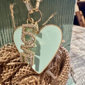 18k Gold Paperclip Chain Necklace with Blue Heart LOVE